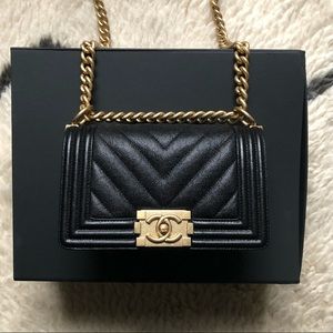 Chanel Small Black Caviar Chevron Boy Bag